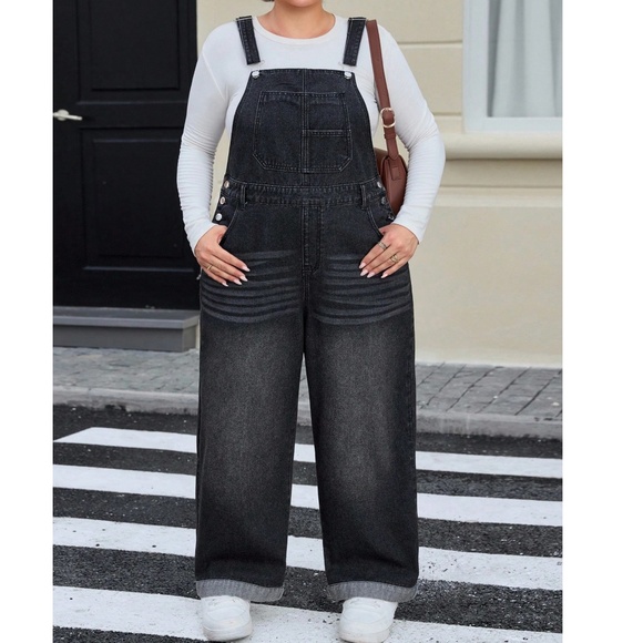 Plus Black Vintage Wash Adjustable Strap Wide leg Denim Jean Bib overalls - Picture 2 of 4